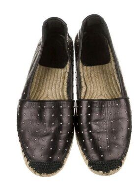 Yves Saint Laurent Black Leather Beaded Espadrilles With Jute Trim
